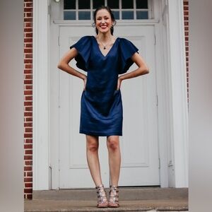 Eliza J Pleated Sleeve Shift Dress - Size 4 - Navy